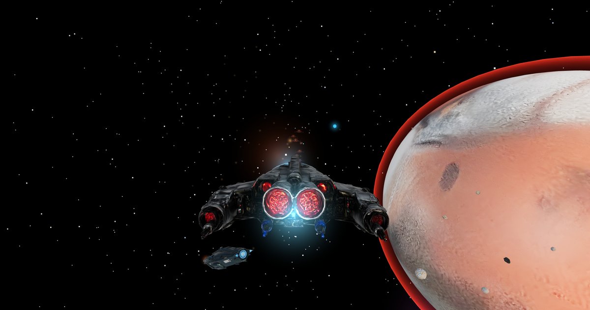 The Gray Gunship flying past an enemy-held planet, its atmosphere red, towards the enemy fleet.