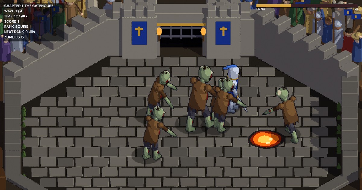 The knight, surrounded by six zombies on the Gatehouse floor beside a pool of lava.