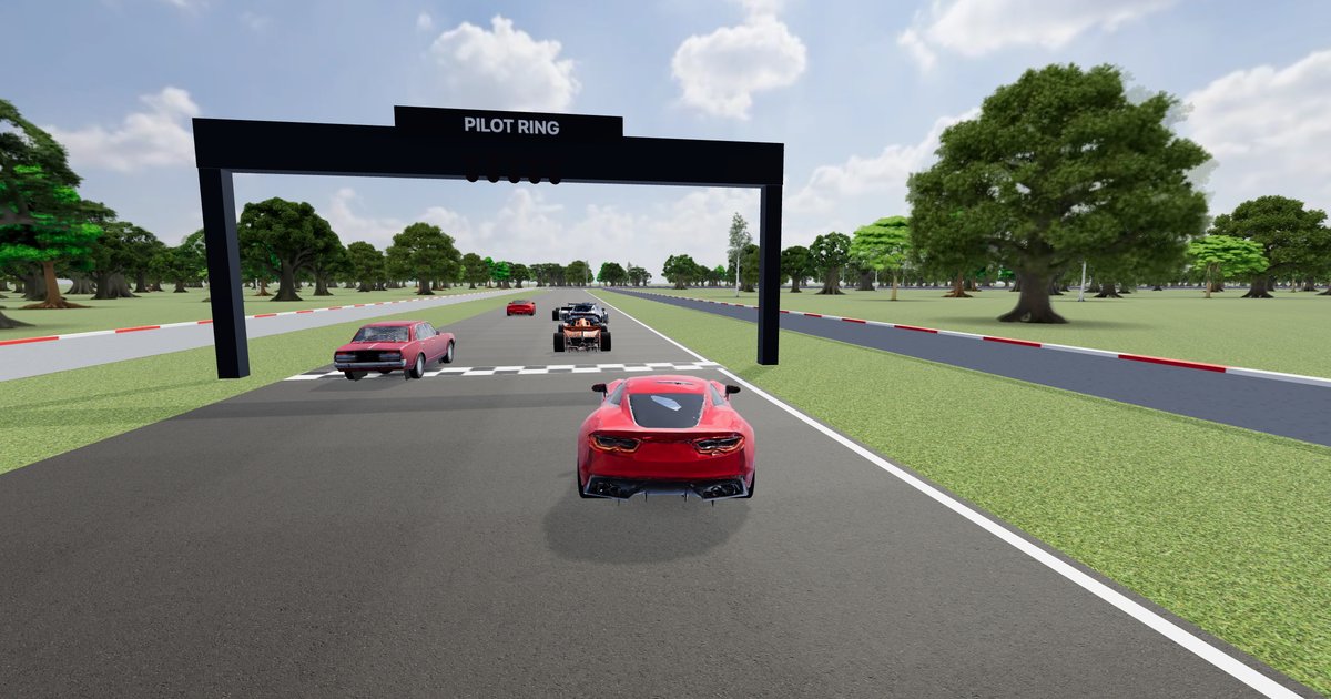 A red sports car chasing a formula car and a vintage saloon over the start line, under the Pilot Ring gantry.