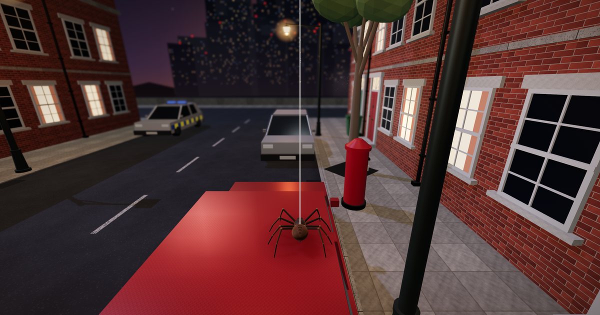 A spider grown big on the roof of a red car in a street at night: brick houses with lit windows, a police car, and the city's towers beyond.