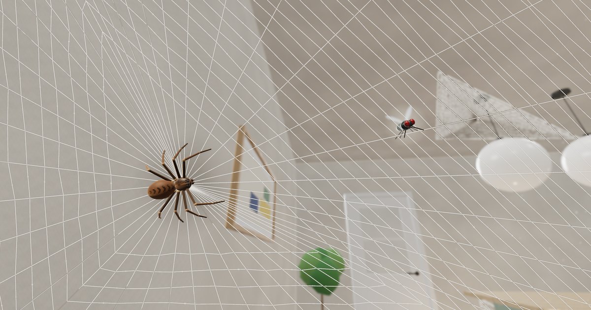 The spider at the hub of its web in the kitchen, a fly stuck in the threads beside it; a picture, a plant and the pendant lamps beyond.