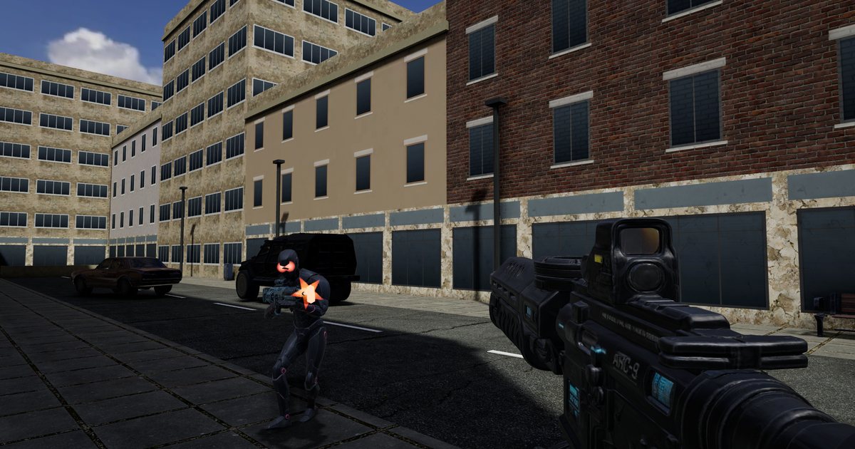 A robot soldier with glowing red eyes firing on a sunny city street, an armoured truck behind it and the player's rifle in the foreground.
